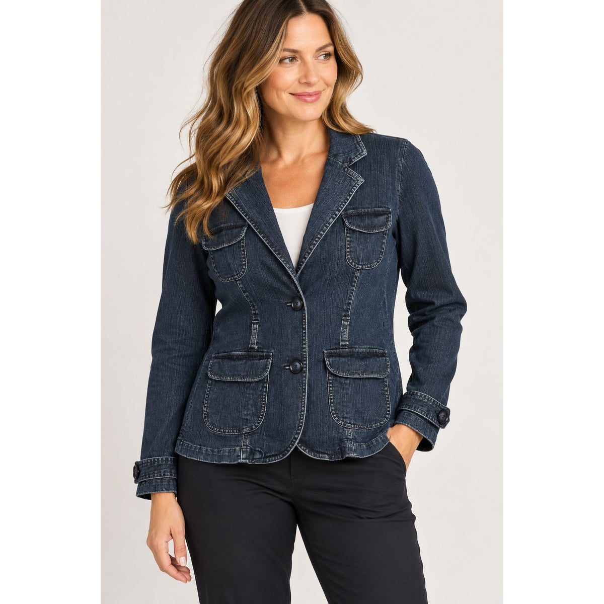 Vintage Y2K Dockers Womens Denim Blazer Jacket Dark Wash 4 Pocket Size L