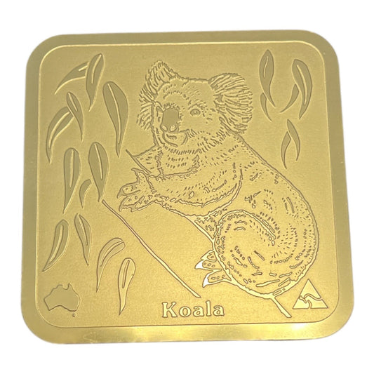 Vintage Koala Coasters – Set of 6 Metallic Gold-Tone with Blue Felt Backing – 3.5” Square – 1980s