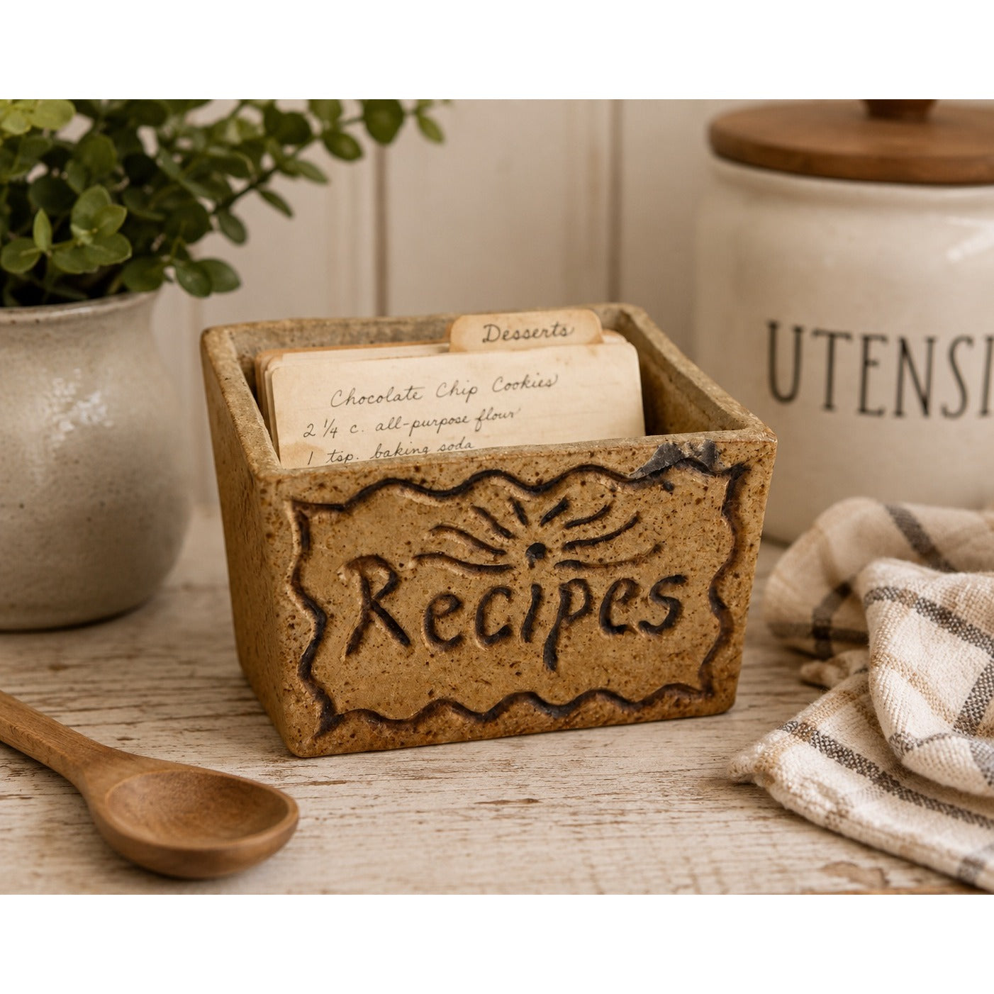 Vintage Handmade Pottery Recipe Box Rustic Studio Pottery Kitchen Organizer