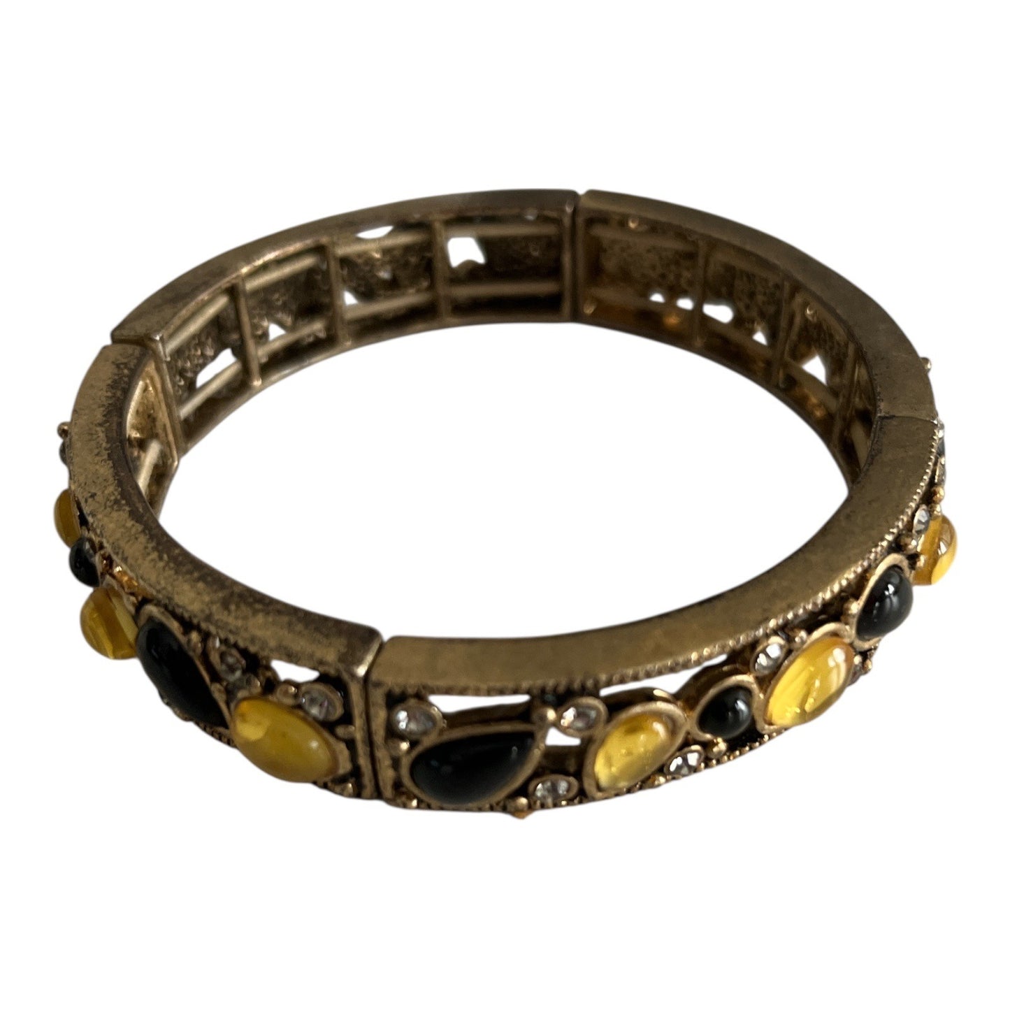 Vintage Amber & Black Beaded Necklace with Gold-Tone Cabochon Bracelet