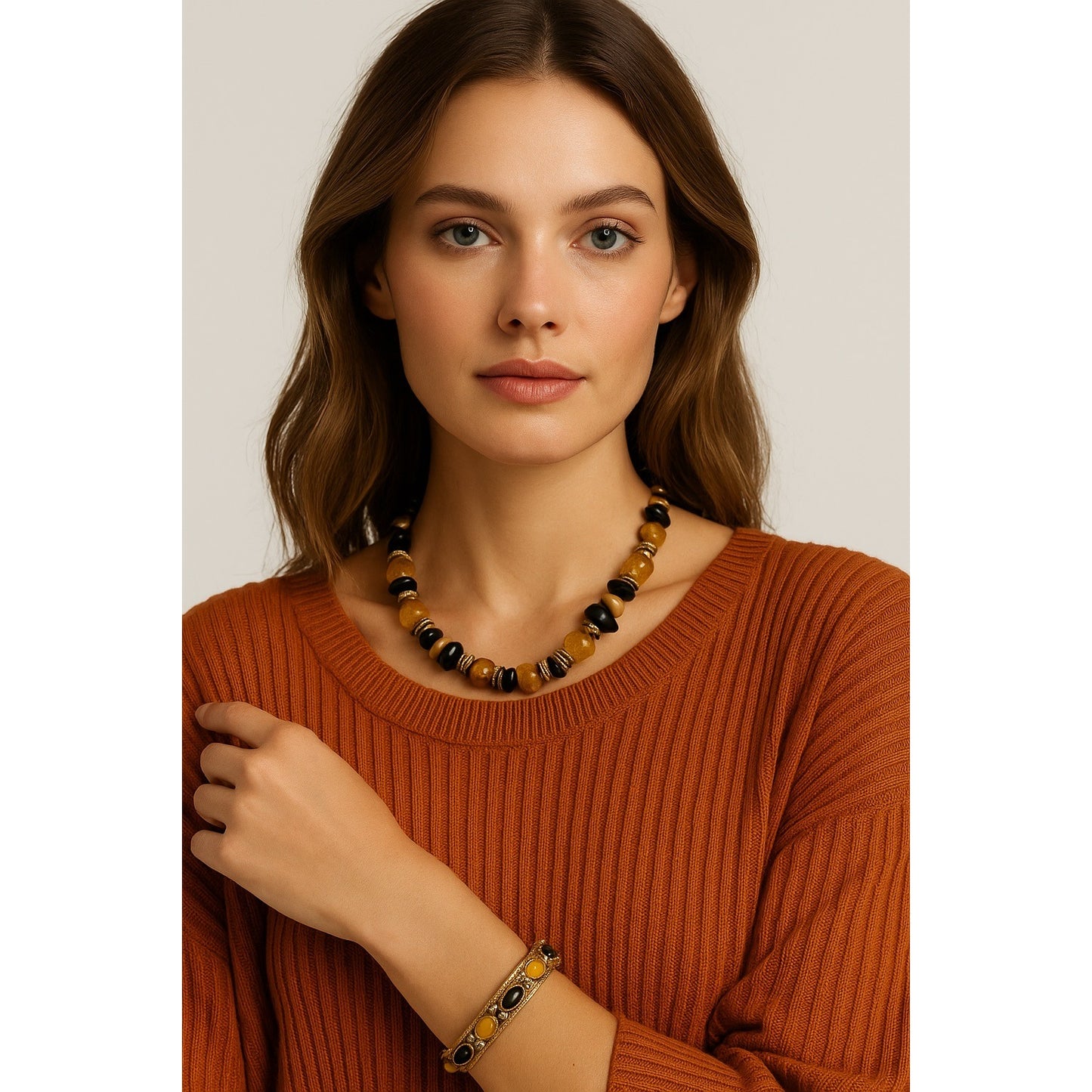 Vintage Amber & Black Beaded Necklace with Gold-Tone Cabochon Bracelet