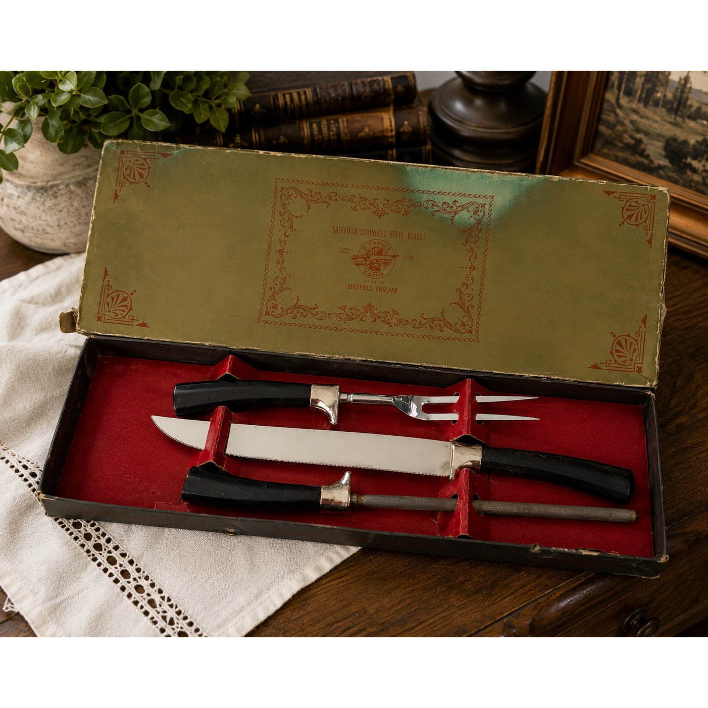 Vintage E. Parker & Sons Sheffield England Carving Set 3 Piece Stainless Steel Original Box