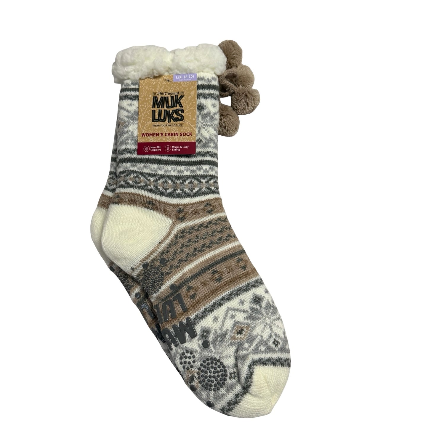 Muk Luks Women’s Cabin Socks L/XL 8-10 Fair Isle Sherpa Lined Pom Pom Non Slip
