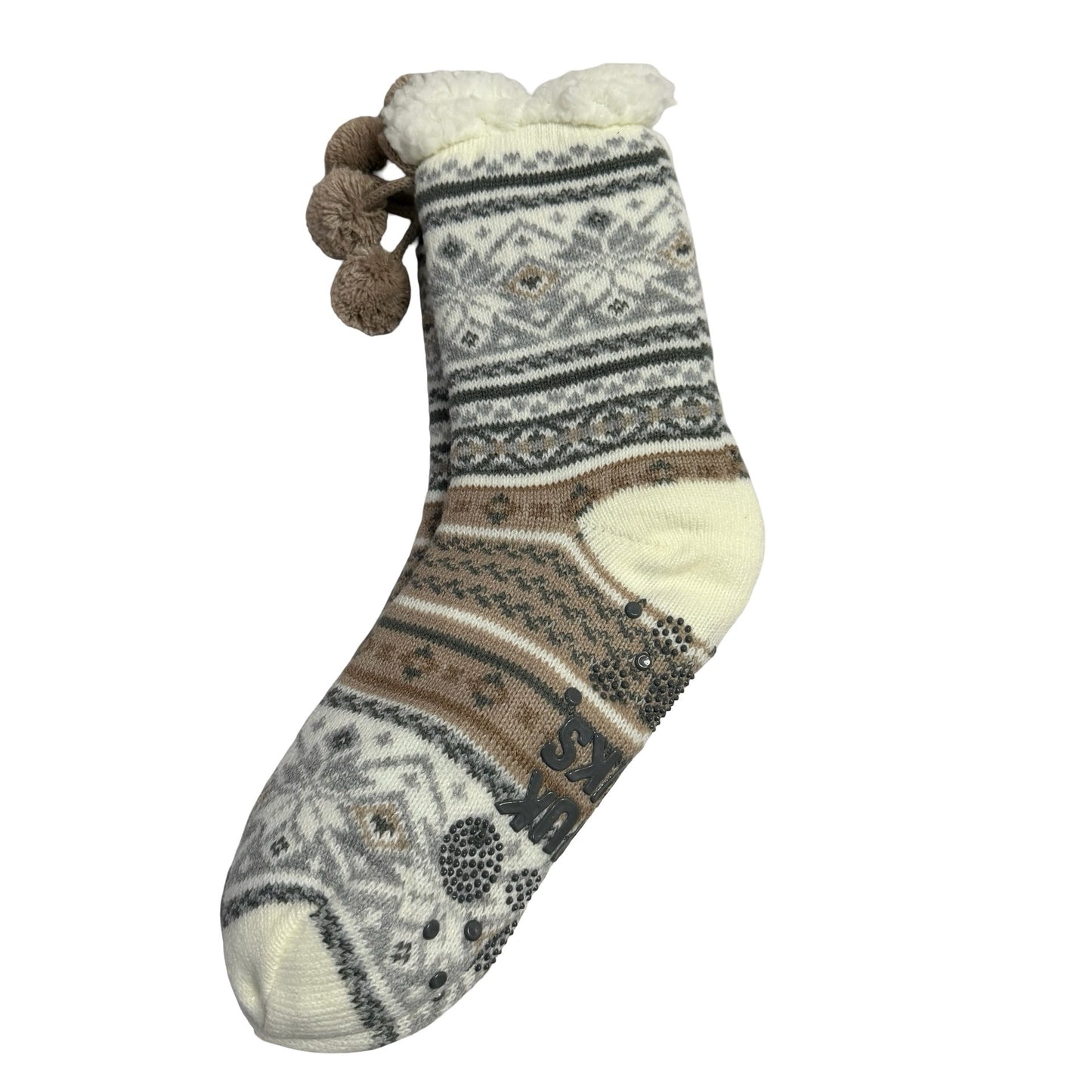 Muk Luks Women’s Cabin Socks L/XL 8-10 Fair Isle Sherpa Lined Pom Pom Non Slip
