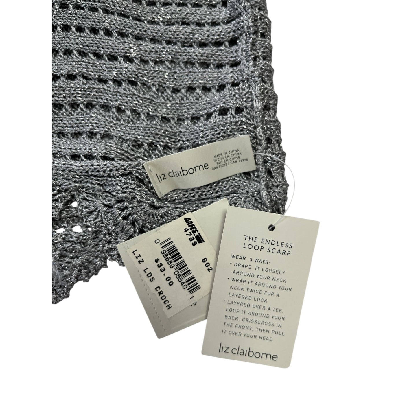 Liz Claiborne Endless Loop Scarf – Silver Metallic Crochet Knit – NWT