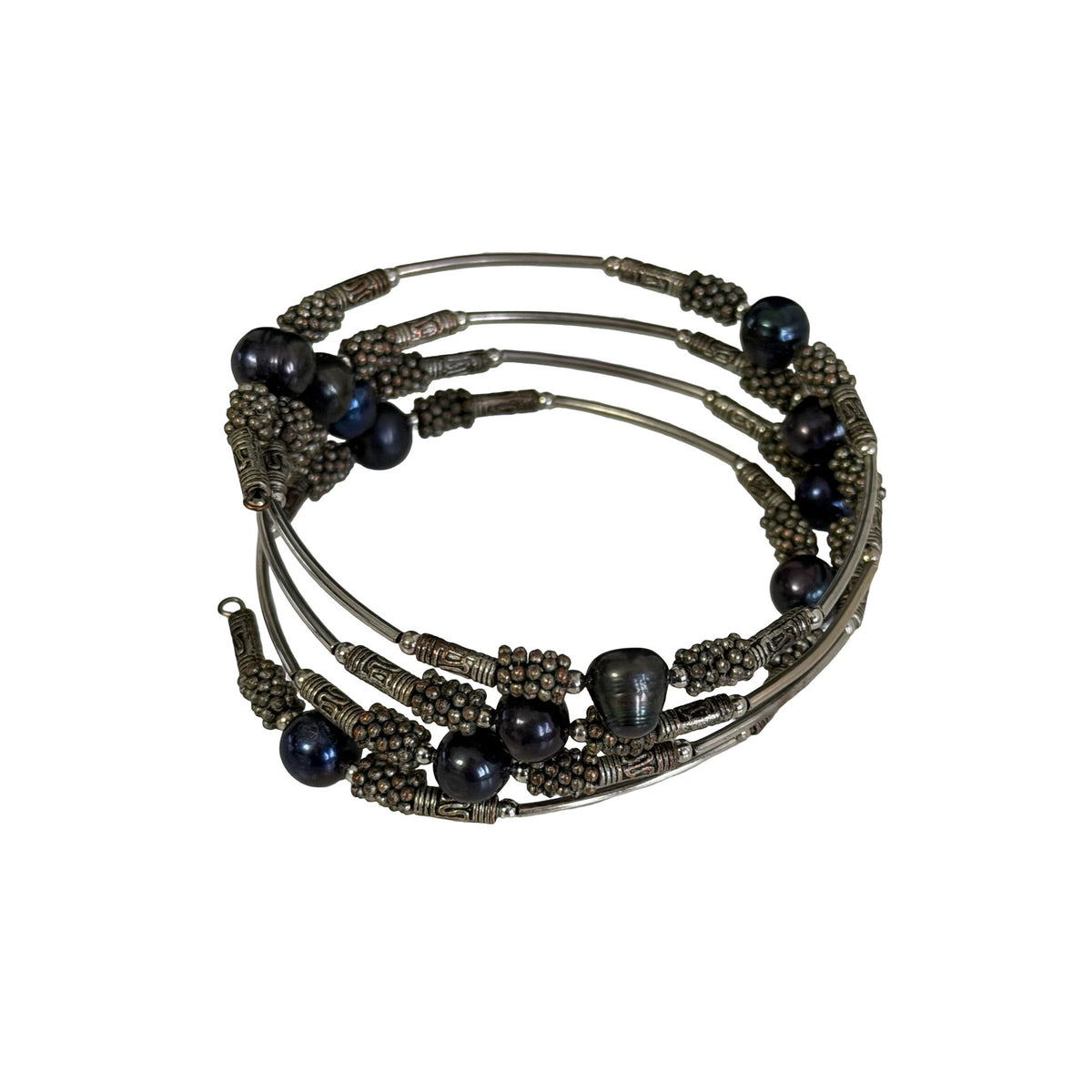 Vintage Black Peacock Freshwater Pearl Multi Strand Memory Wire Bracelet Boho