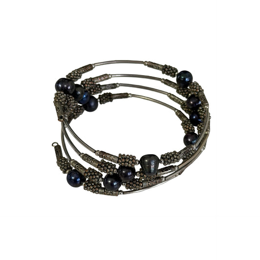 Vintage Black Peacock Freshwater Pearl Multi Strand Memory Wire Bracelet Boho