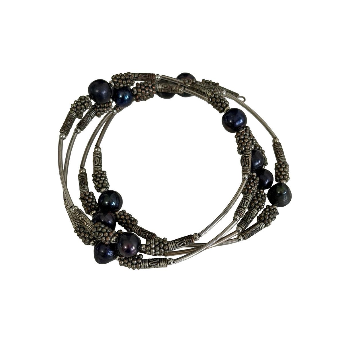Vintage Black Peacock Freshwater Pearl Multi Strand Memory Wire Bracelet Boho
