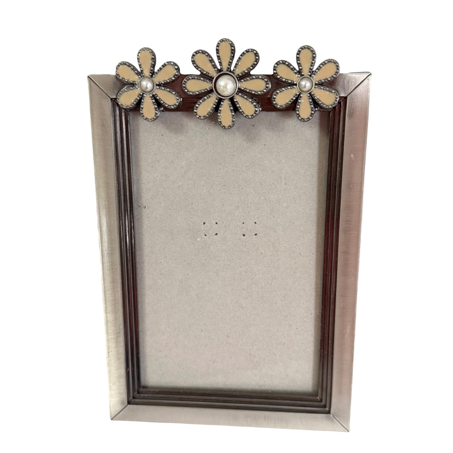 5x7 Floral Metal Picture Frame Cream Enamel Daisies Faux Pearls Tabletop