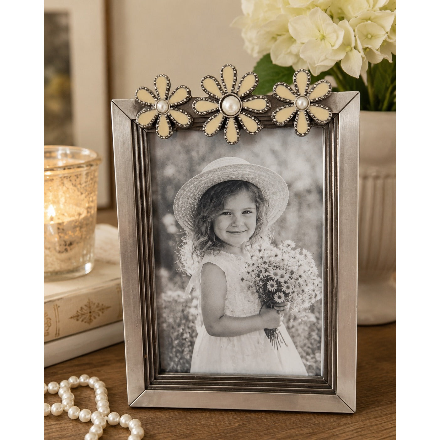 5x7 Floral Metal Picture Frame Cream Enamel Daisies Faux Pearls Tabletop
