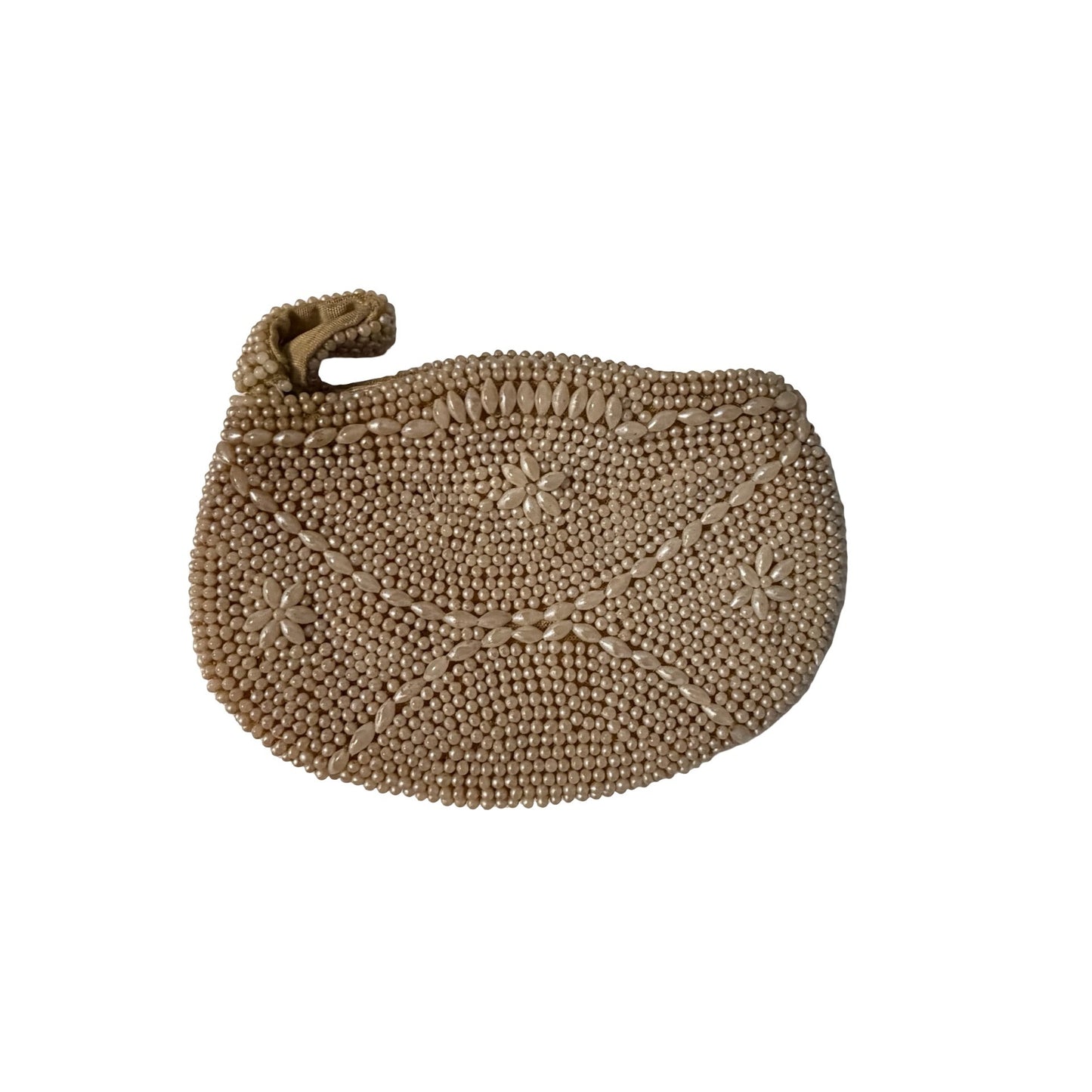 Vintage Beaded Coin Purse Cream Faux Pearl Zipper Pouch Evening Bag