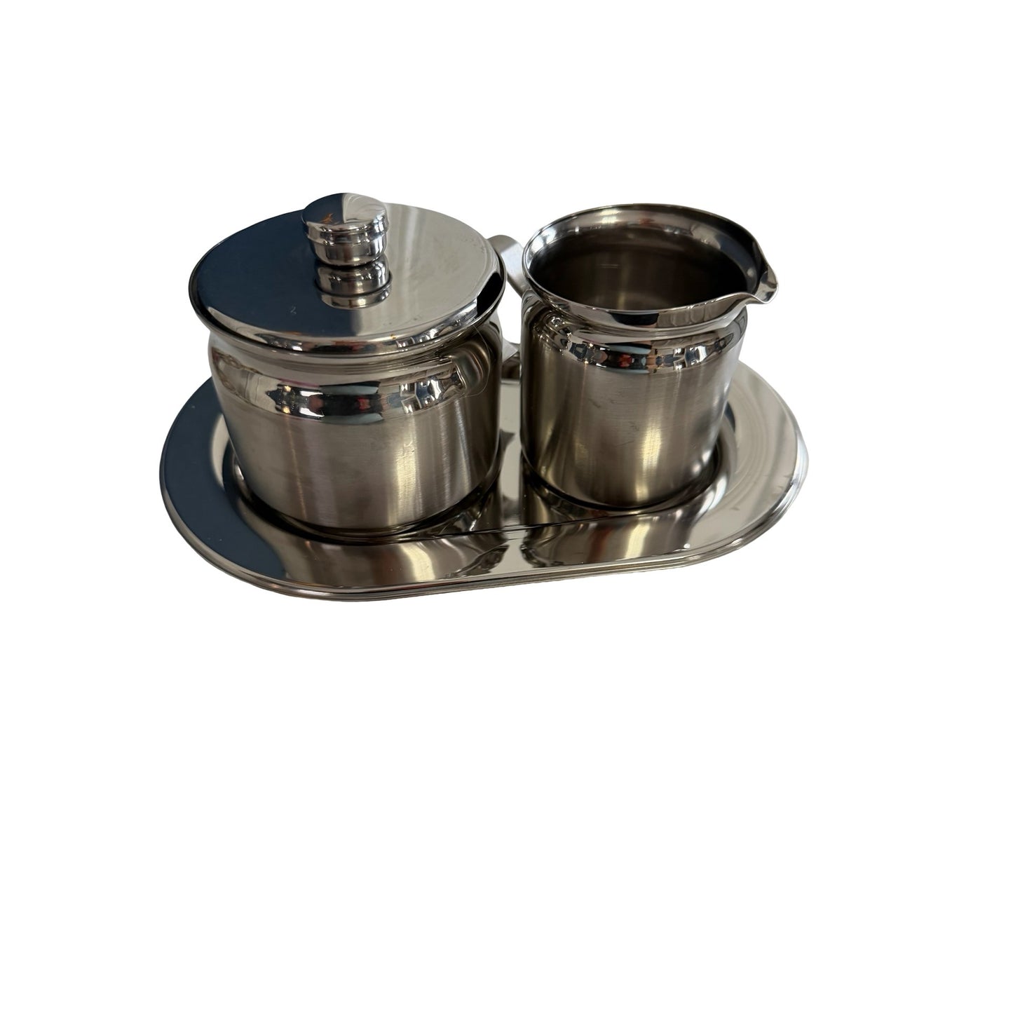 Tramontina 18/10 Stainless Steel Creamer Sugar Bowl Tray Set Brazil Vintage Coffee Service
