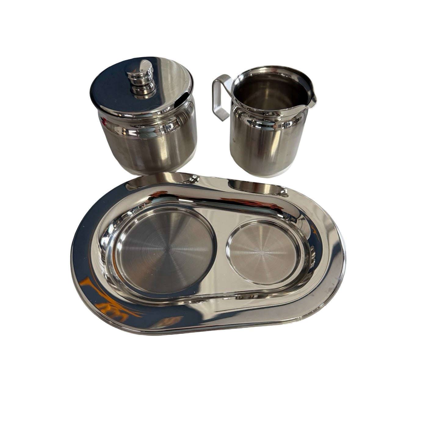 Tramontina 18/10 Stainless Steel Creamer Sugar Bowl Tray Set Brazil Vintage Coffee Service