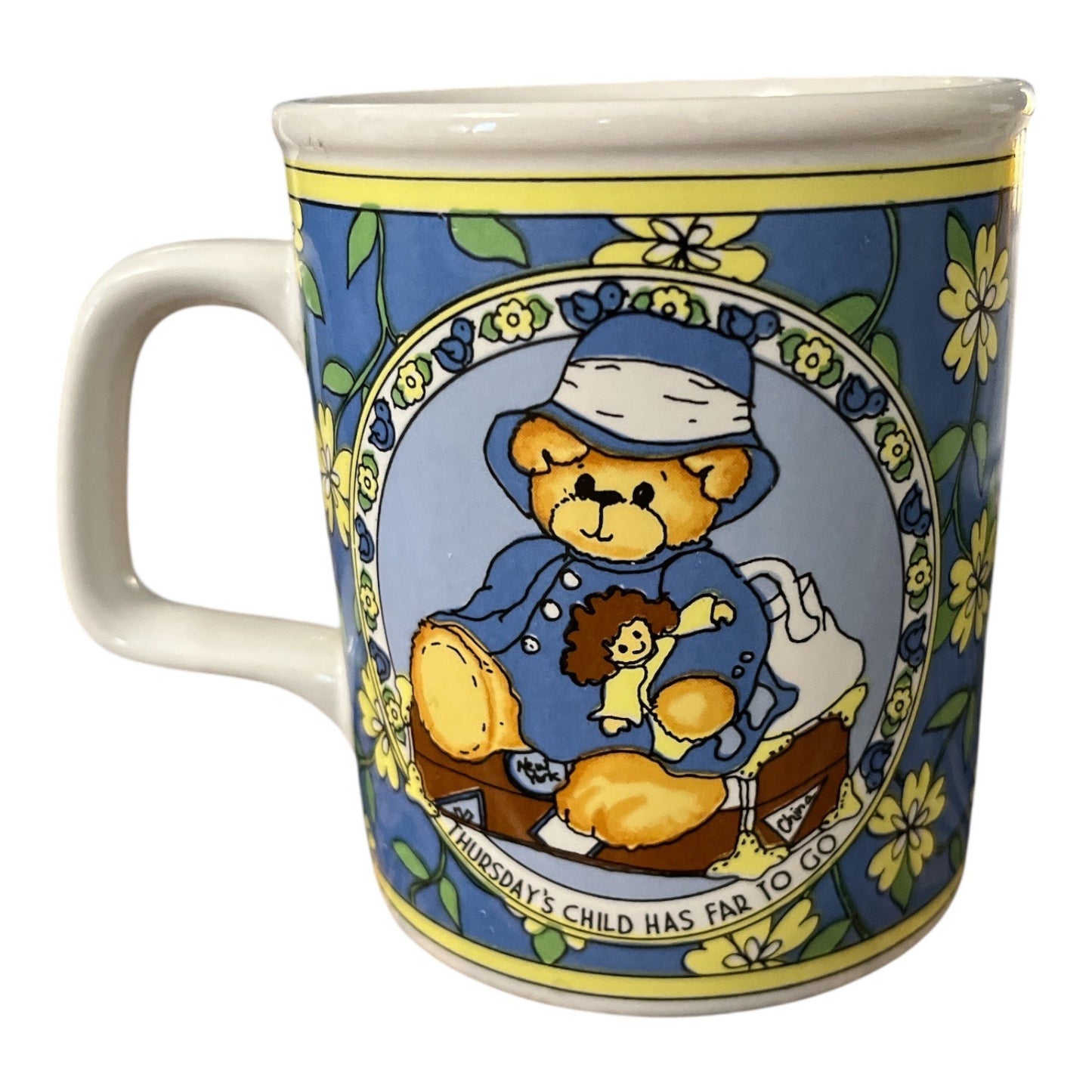 Lucy & Me Thursday's Child Teddy Bear Coffee Mug Enesco 1986 Korea Nursery Rhyme Cup
