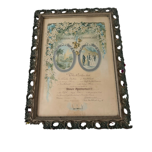 Antique 1899 Framed Marriage Certificate Ohio Ornate Wood Frame Folk Art 24x17