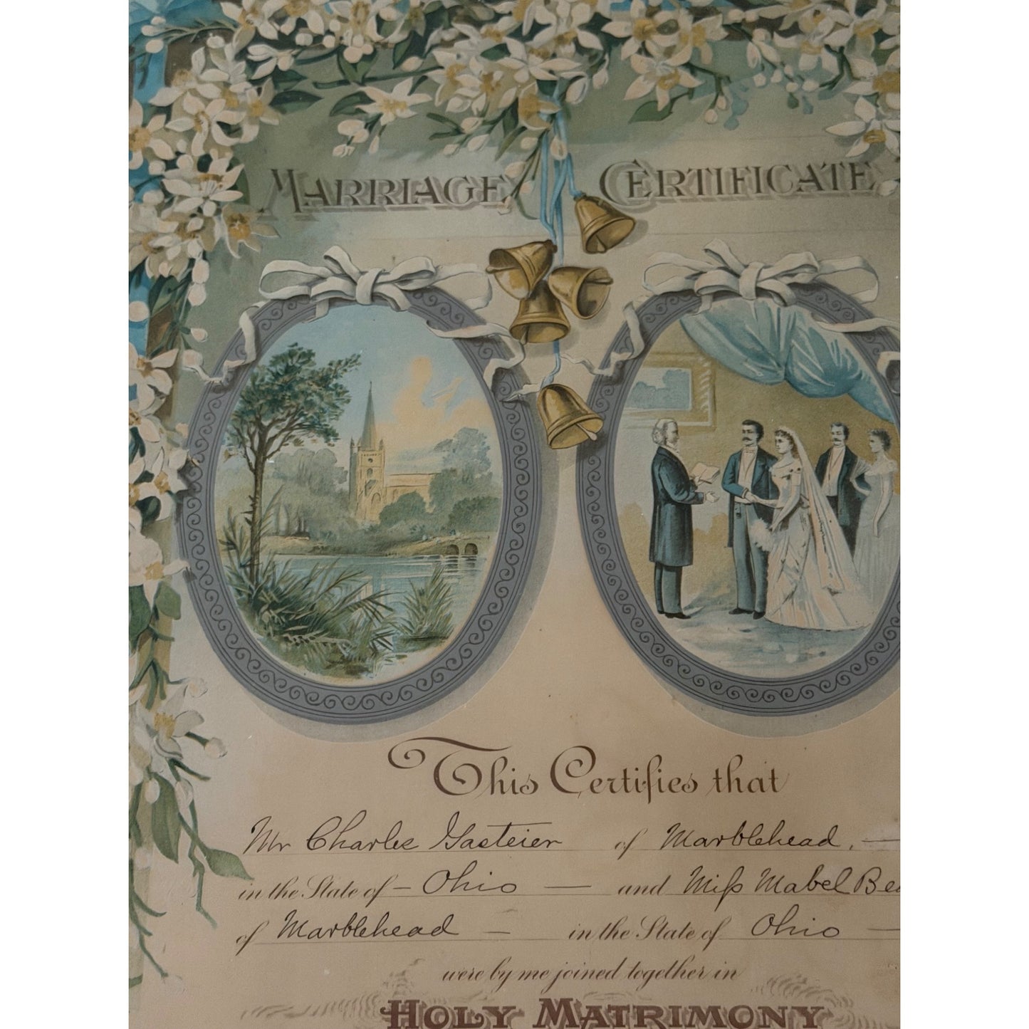 Antique 1899 Framed Marriage Certificate Ohio Ornate Wood Frame Folk Art 24x17