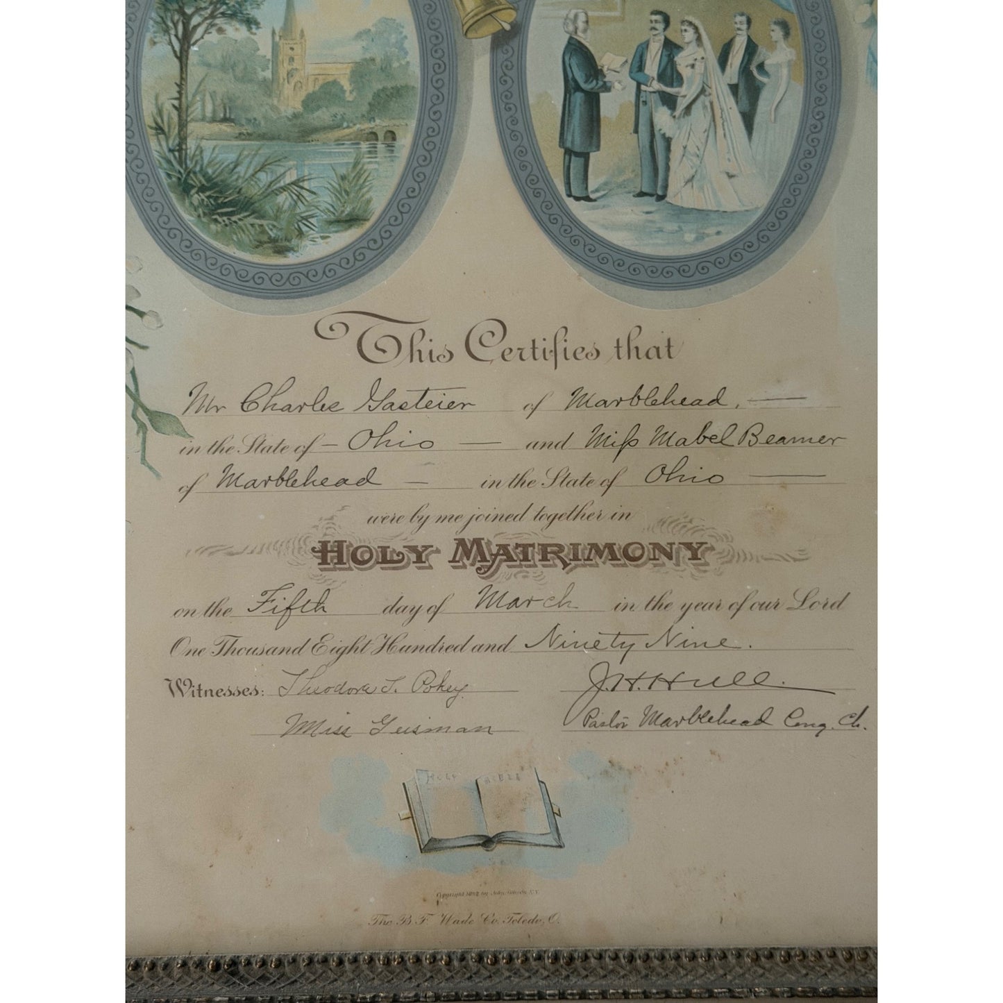 Antique 1899 Framed Marriage Certificate Ohio Ornate Wood Frame Folk Art 24x17