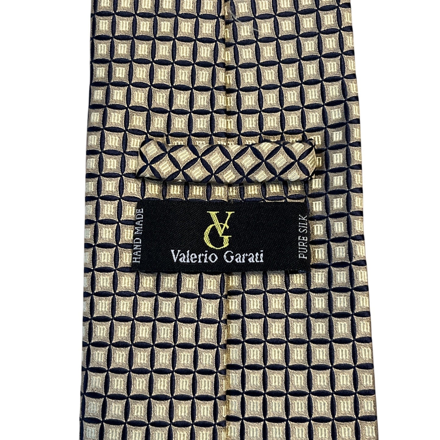 VTG Valerio Garati Pure Silk Tie Geometric Square Pattern Navy Gold Handmade Korea