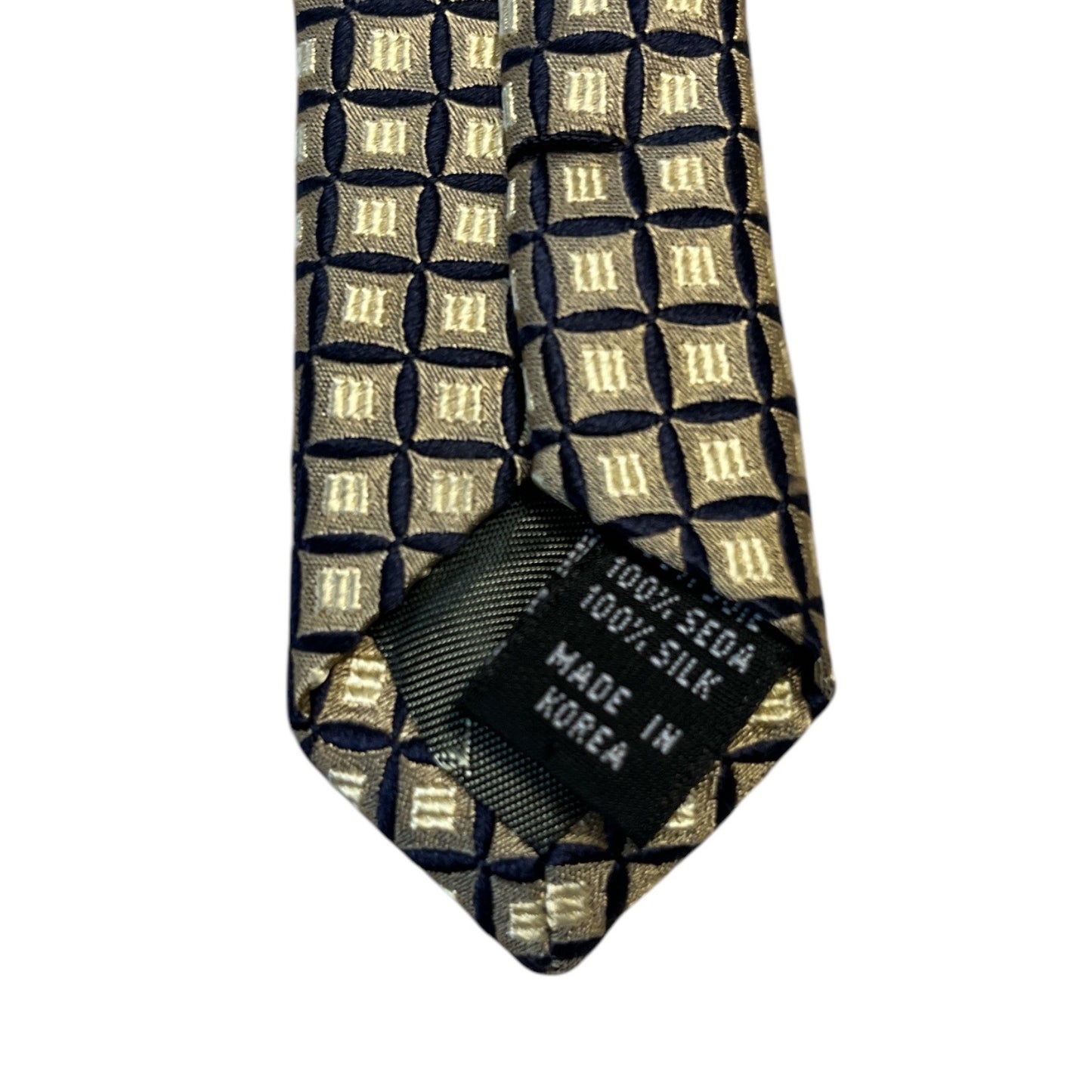 VTG Valerio Garati Pure Silk Tie Geometric Square Pattern Navy Gold Handmade Korea