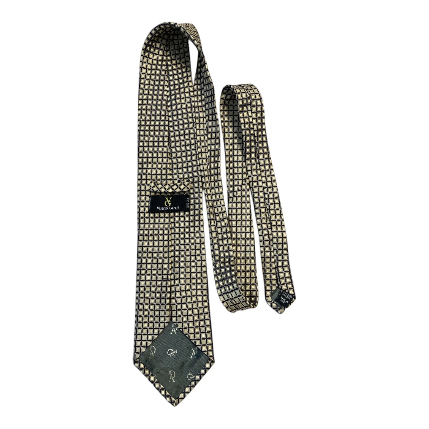 VTG Valerio Garati Pure Silk Tie Geometric Square Pattern Navy Gold Handmade Korea