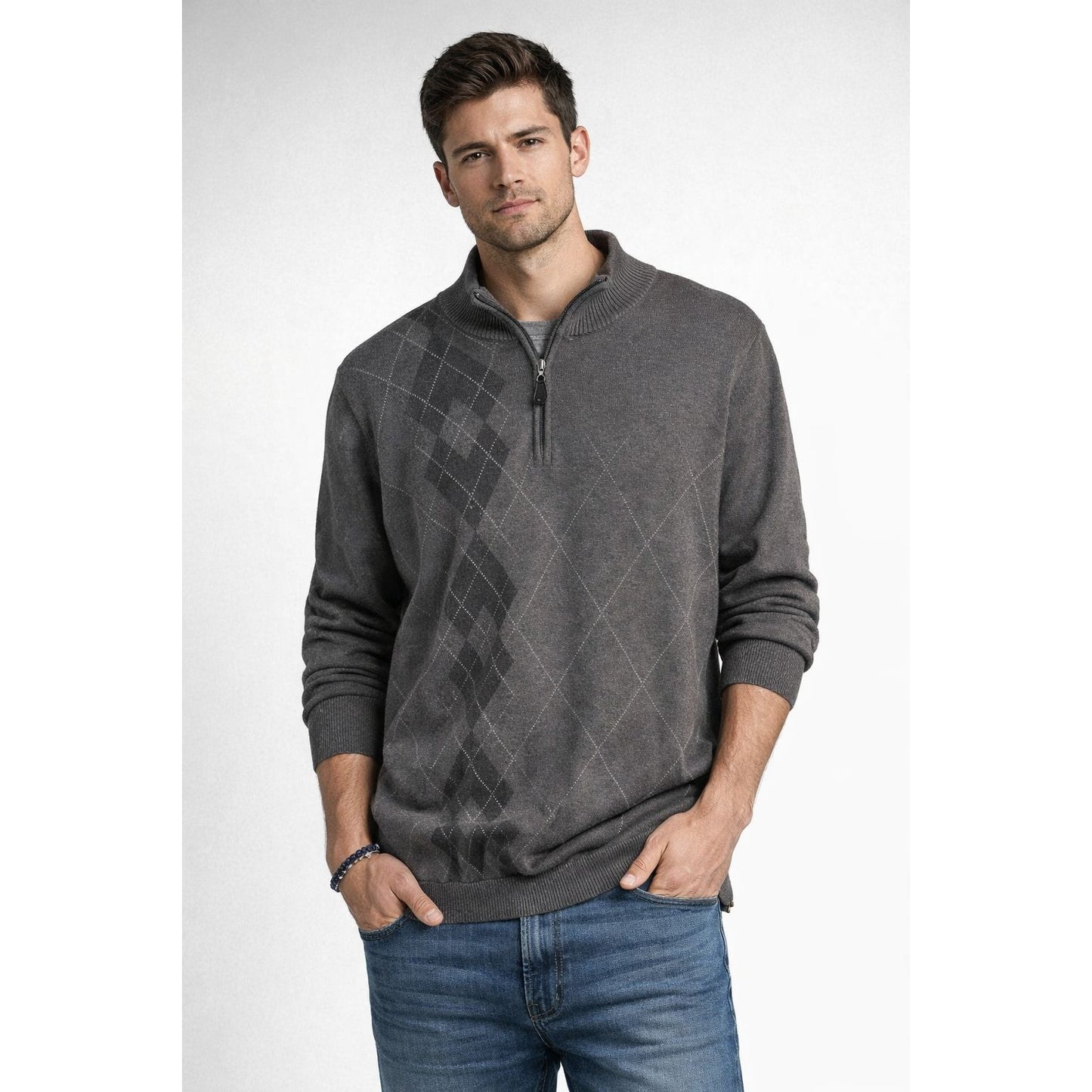 Walter Hagen Men’s XXL Gray Argyle Quarter Zip Pullover Sweater