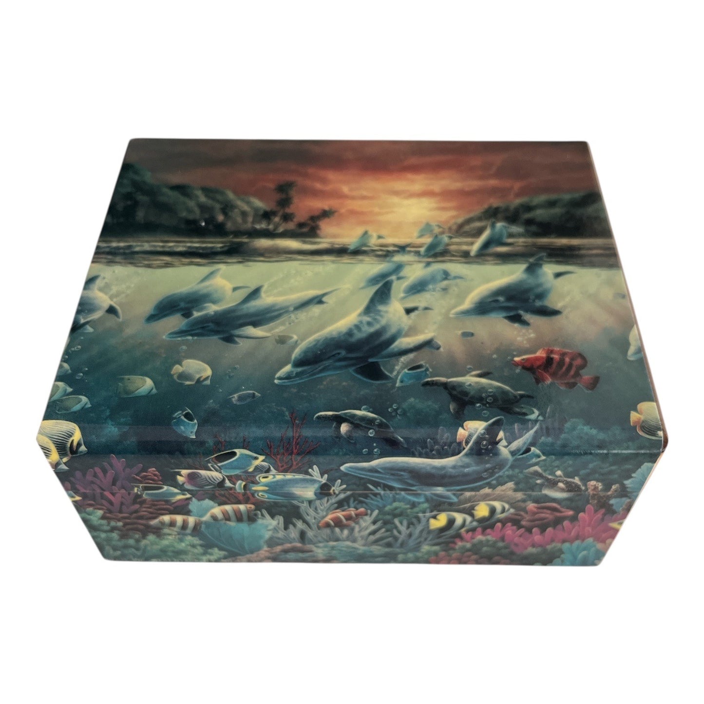Vintage Cedar Dolphin Reef Wooden Keepsake Box Panama City Beach Florida Souvenir