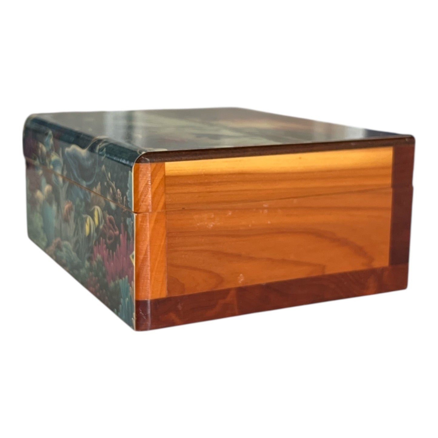 Vintage Cedar Dolphin Reef Wooden Keepsake Box Panama City Beach Florida Souvenir