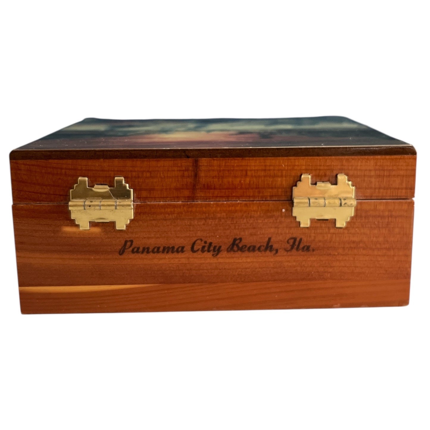 Vintage Cedar Dolphin Reef Wooden Keepsake Box Panama City Beach Florida Souvenir