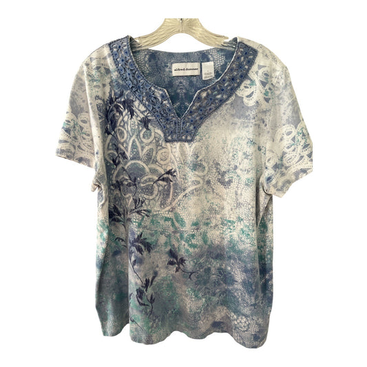 Alfred Dunner Women’s Size L Blue Lace Trim Floral Top – Short Sleeve Cotton Blend