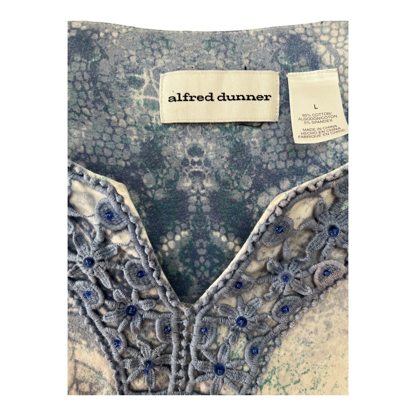 Alfred Dunner Women’s Size L Blue Lace Trim Floral Top – Short Sleeve Cotton Blend