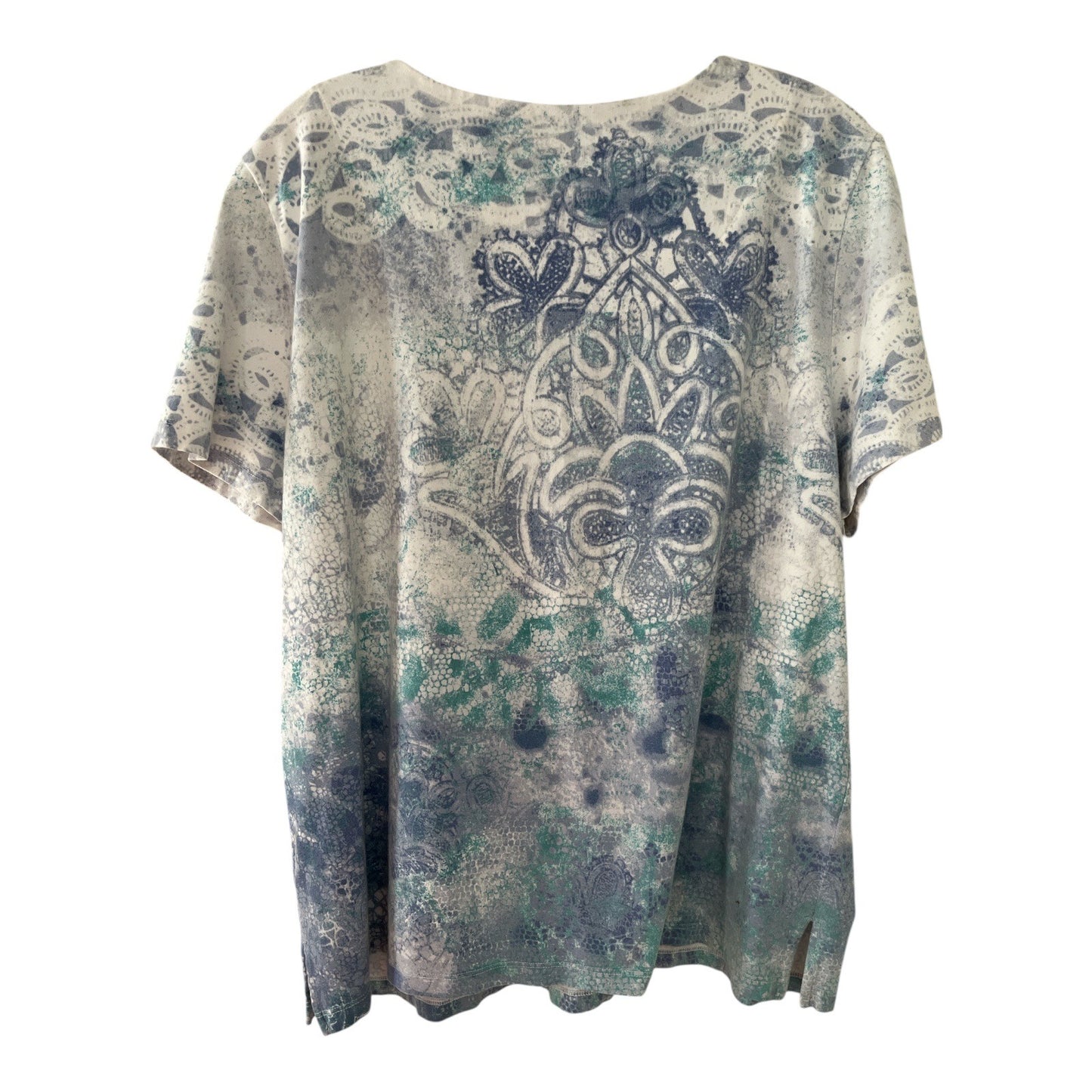 Alfred Dunner Women’s Size L Blue Lace Trim Floral Top – Short Sleeve Cotton Blend