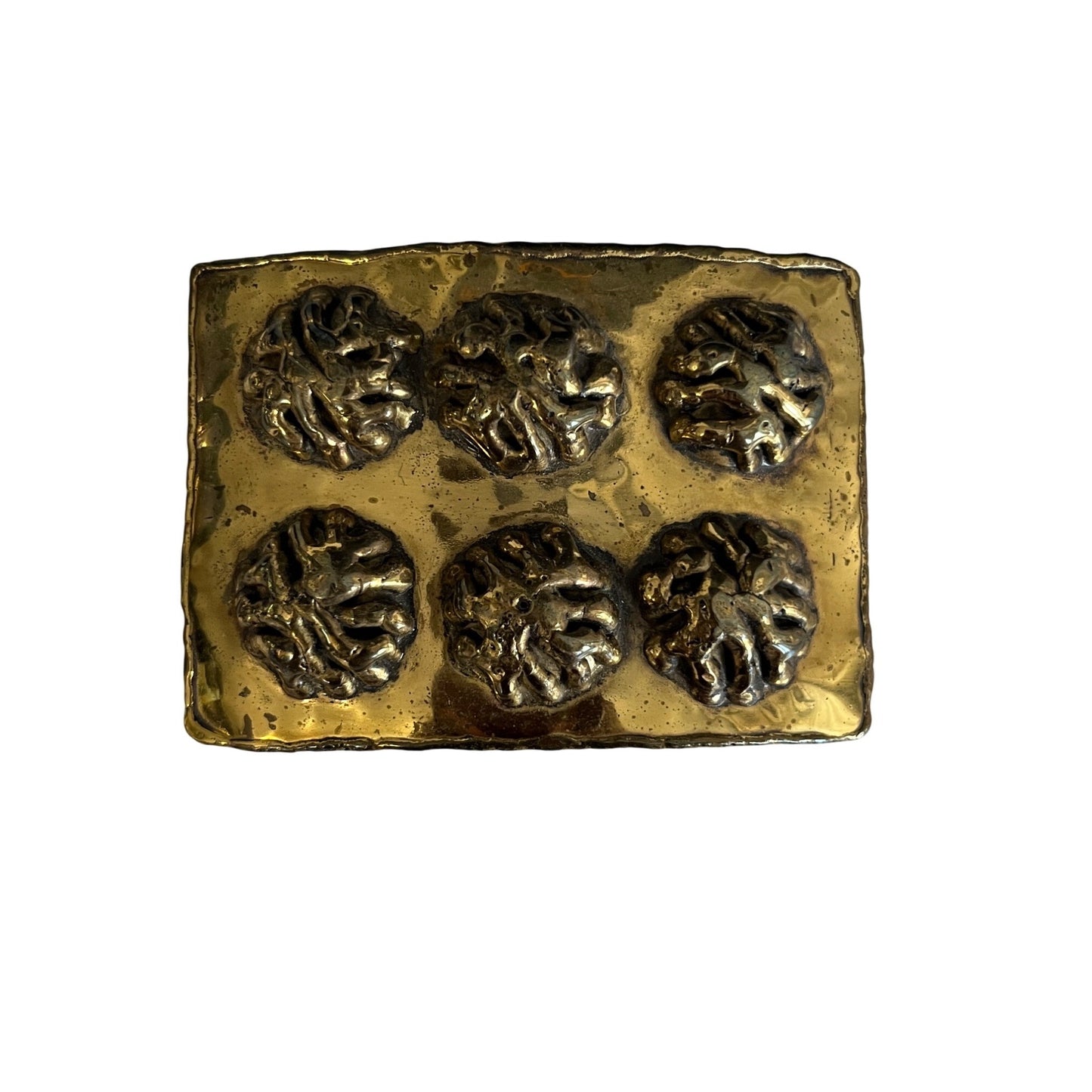 Vintage Spanish Brass Belt Buckle Figural Relief Panel Brutalist Style Made in Spain