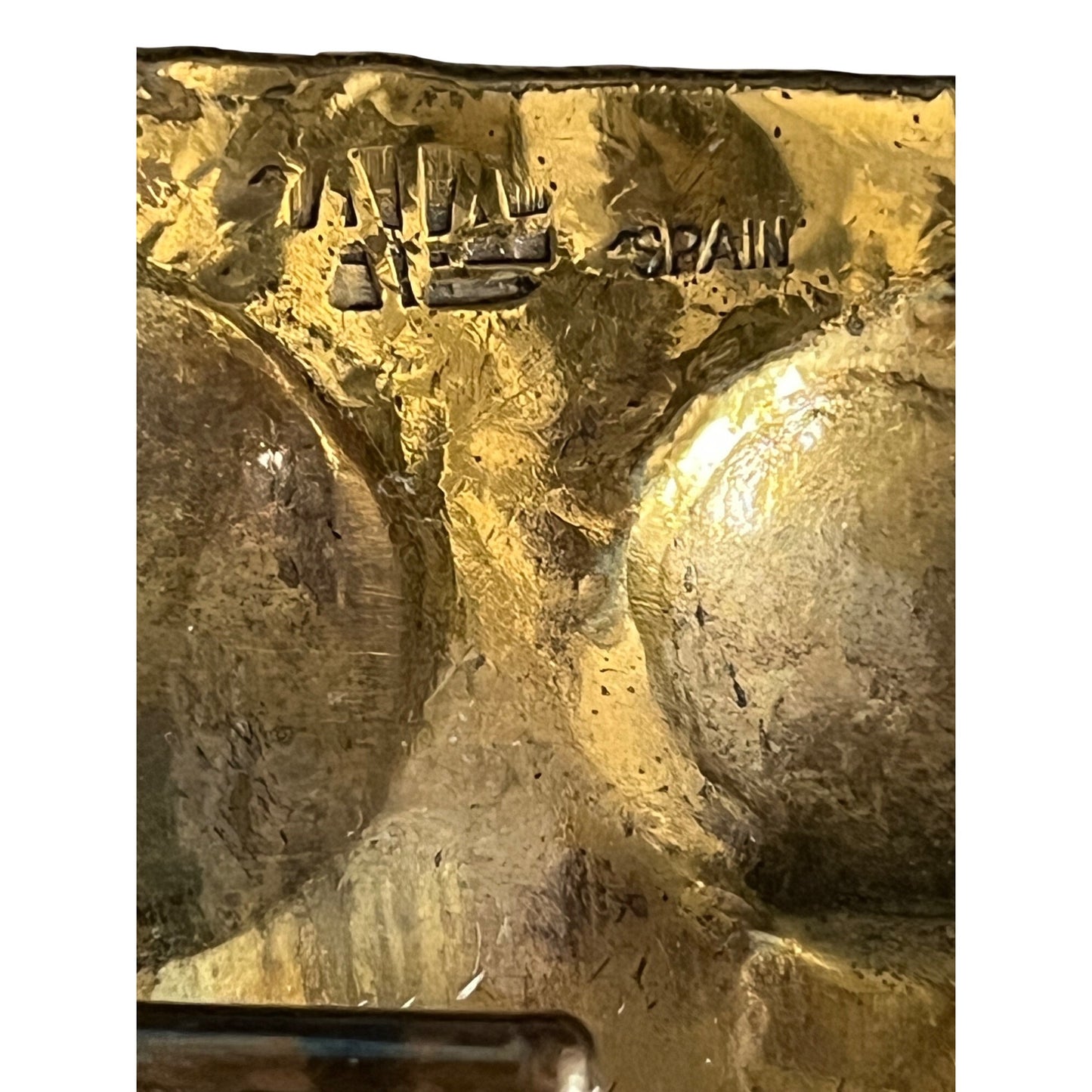 Vintage Spanish Brass Belt Buckle Figural Relief Panel Brutalist Style Made in Spain