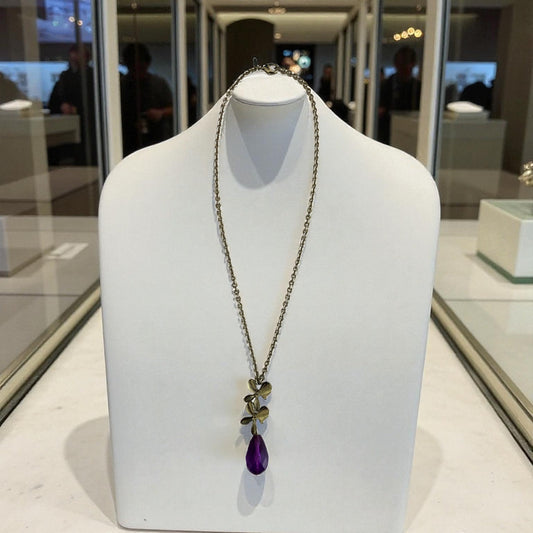 SAQ Silver Tone Floral Necklace with Purple Teardrop Pendant 10” Chain | Early 2000s