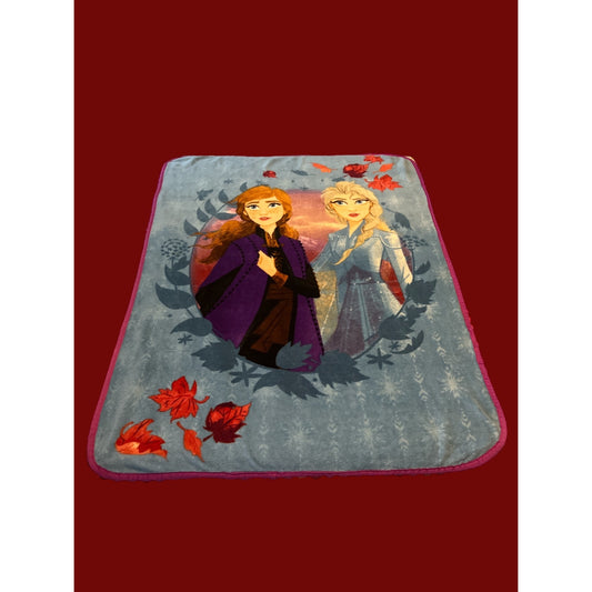 Disney Frozen II Fleece Blanket – Anna & Elsa – Blue with Red Trim – 50 x 40"