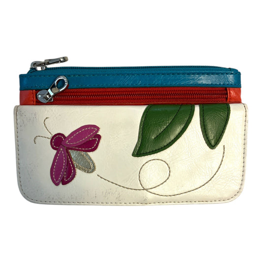 Relic by Fossil Zip Wallet | Dragonfly Appliqué | Teal and Red Faux Leather | 7 x 4.25