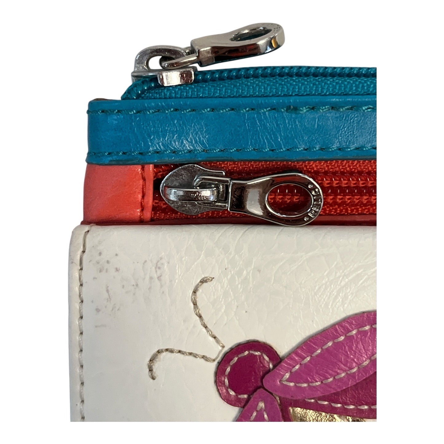 Relic by Fossil Zip Wallet | Dragonfly Appliqué | Teal and Red Faux Leather | 7 x 4.25