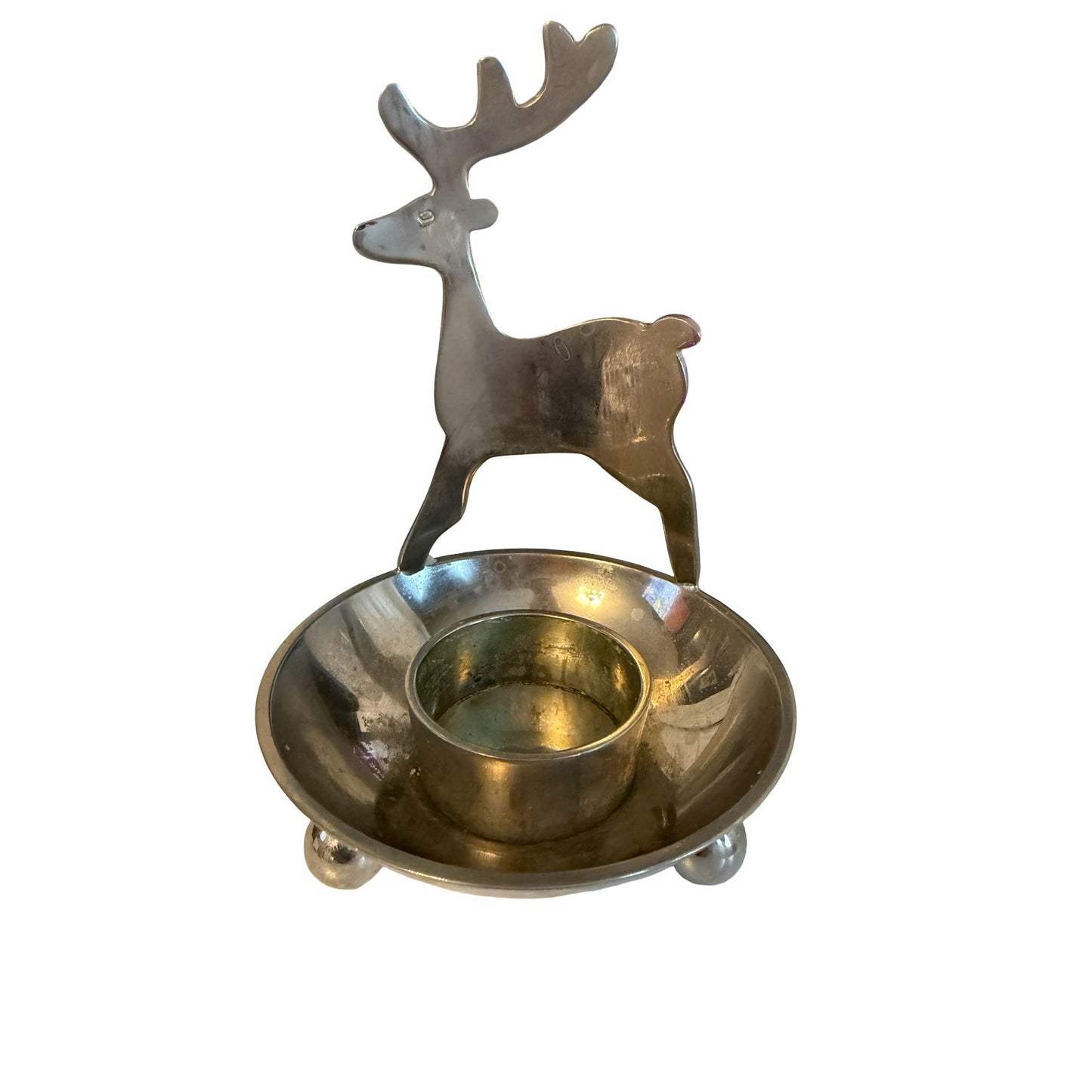 Crate & Barrel Reindeer Tealight Candle Holder Silver Tone Metal Christmas Decor