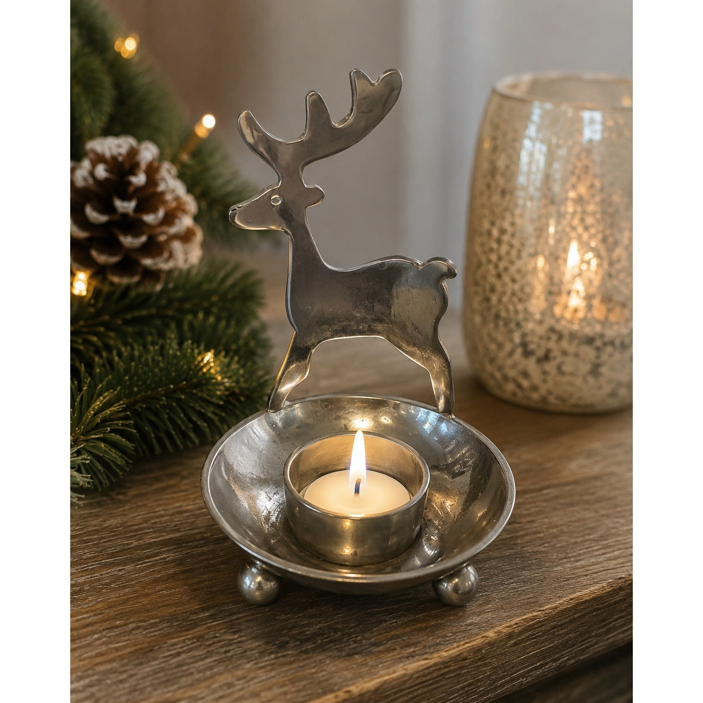 Crate & Barrel Reindeer Tealight Candle Holder Silver Tone Metal Christmas Decor