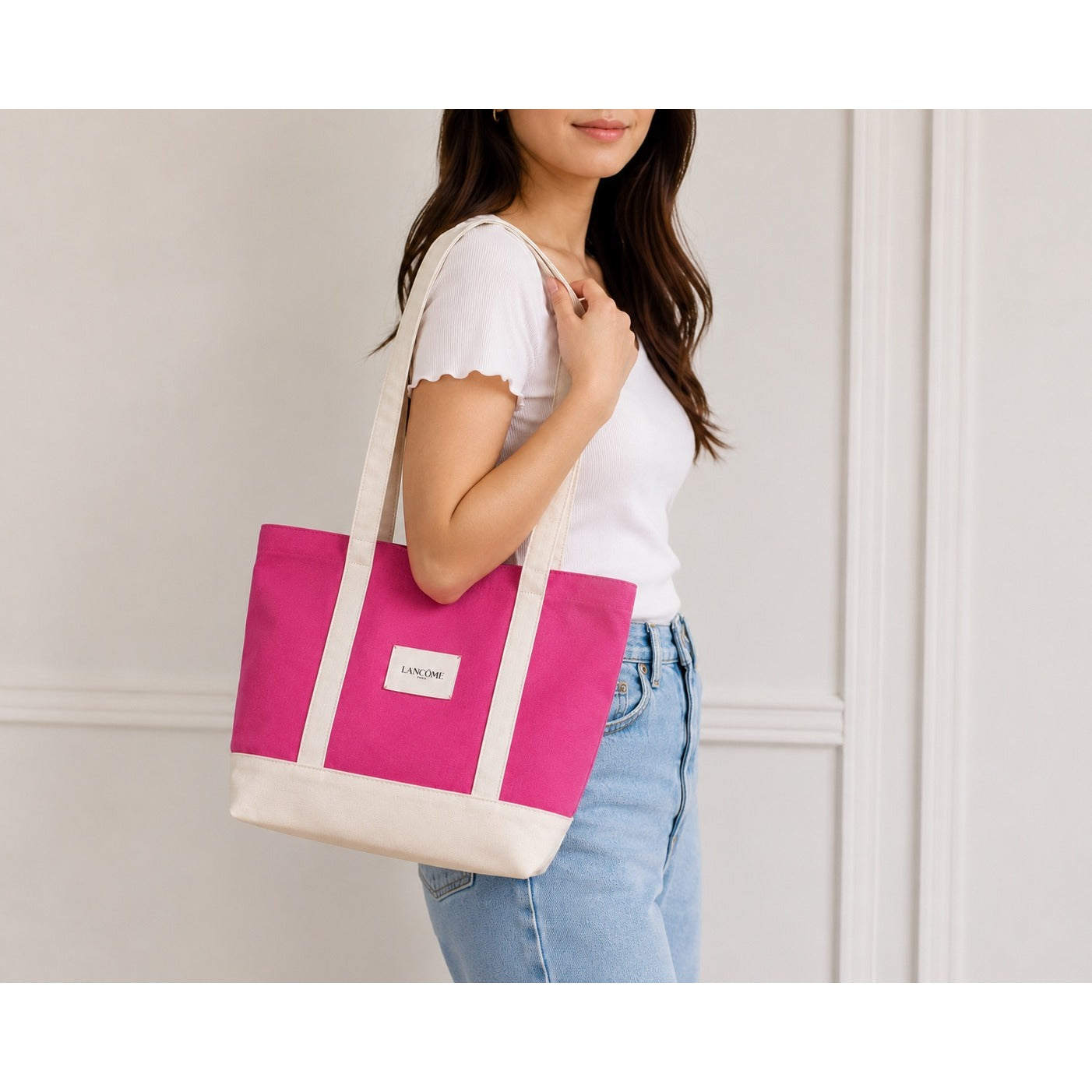 Lancôme Paris Pink Canvas Tote Bag Cream Trim Large Shopper Beach Bag