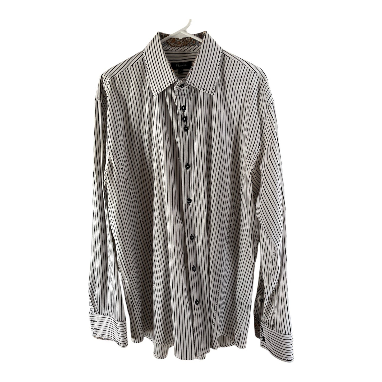 Vizoni Uomo Men’s XXXL Dress Shirt – Black & White Stripe with Paisley Trim – Modern Fit 48x32