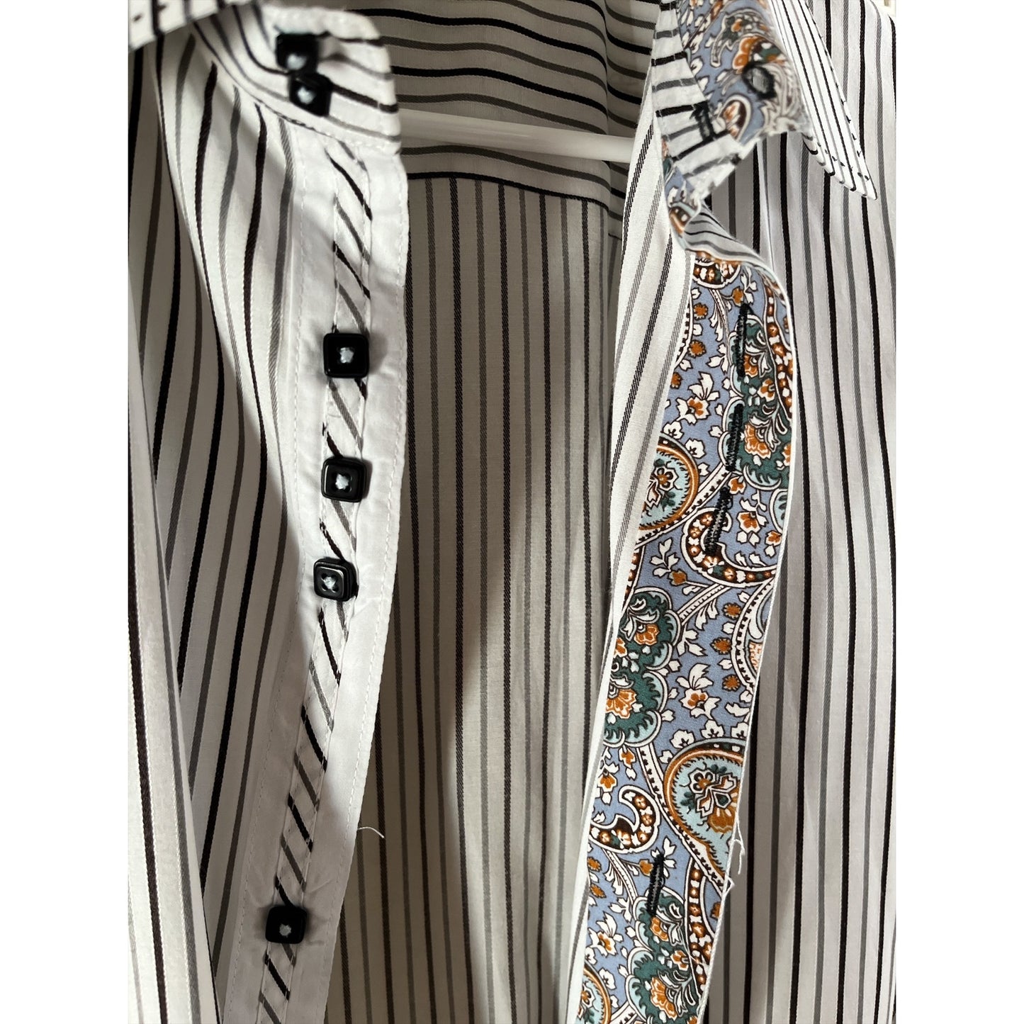 Vizoni Uomo Men’s XXXL Dress Shirt – Black & White Stripe with Paisley Trim – Modern Fit 48x32