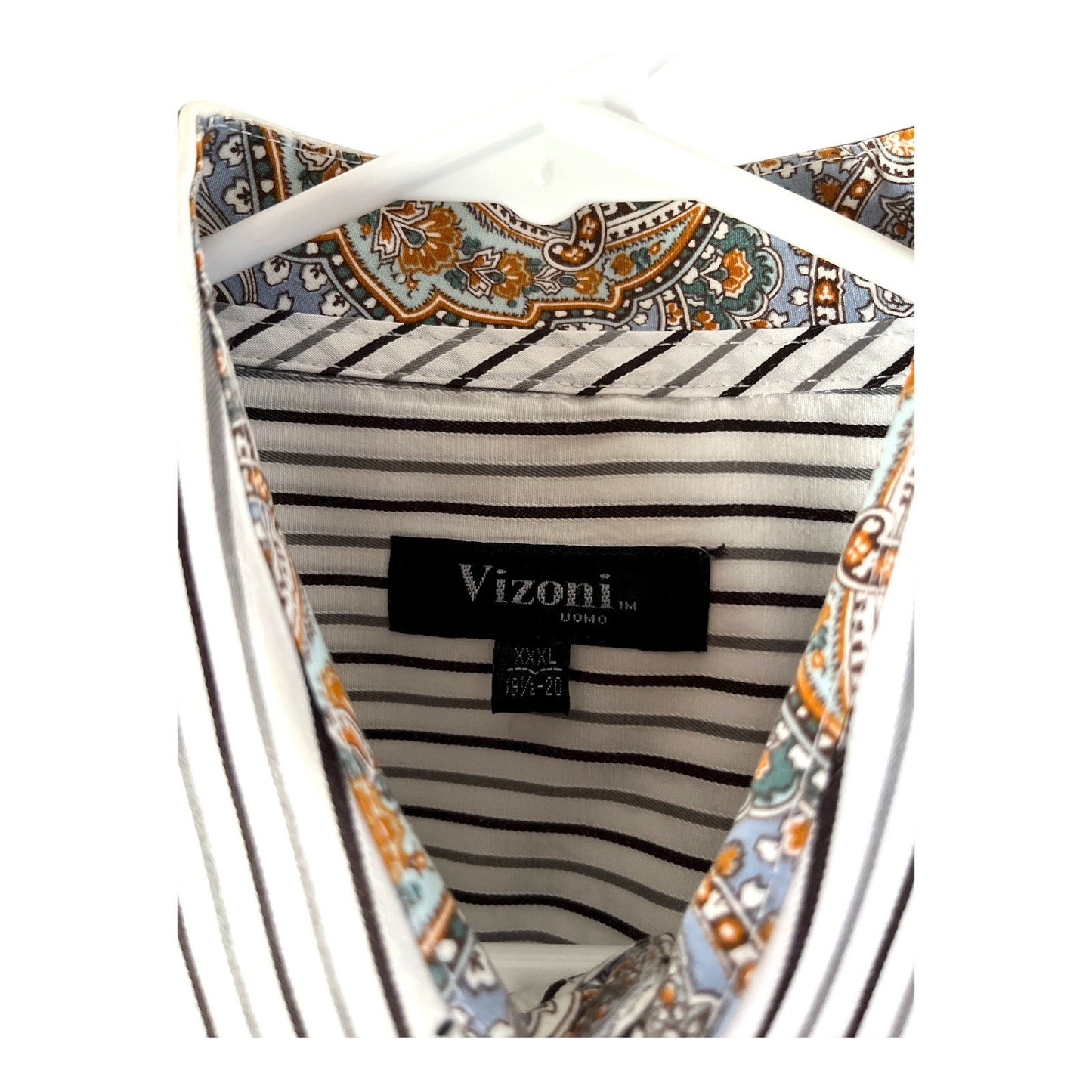 Vizoni Uomo Men’s XXXL Dress Shirt – Black & White Stripe with Paisley Trim – Modern Fit 48x32