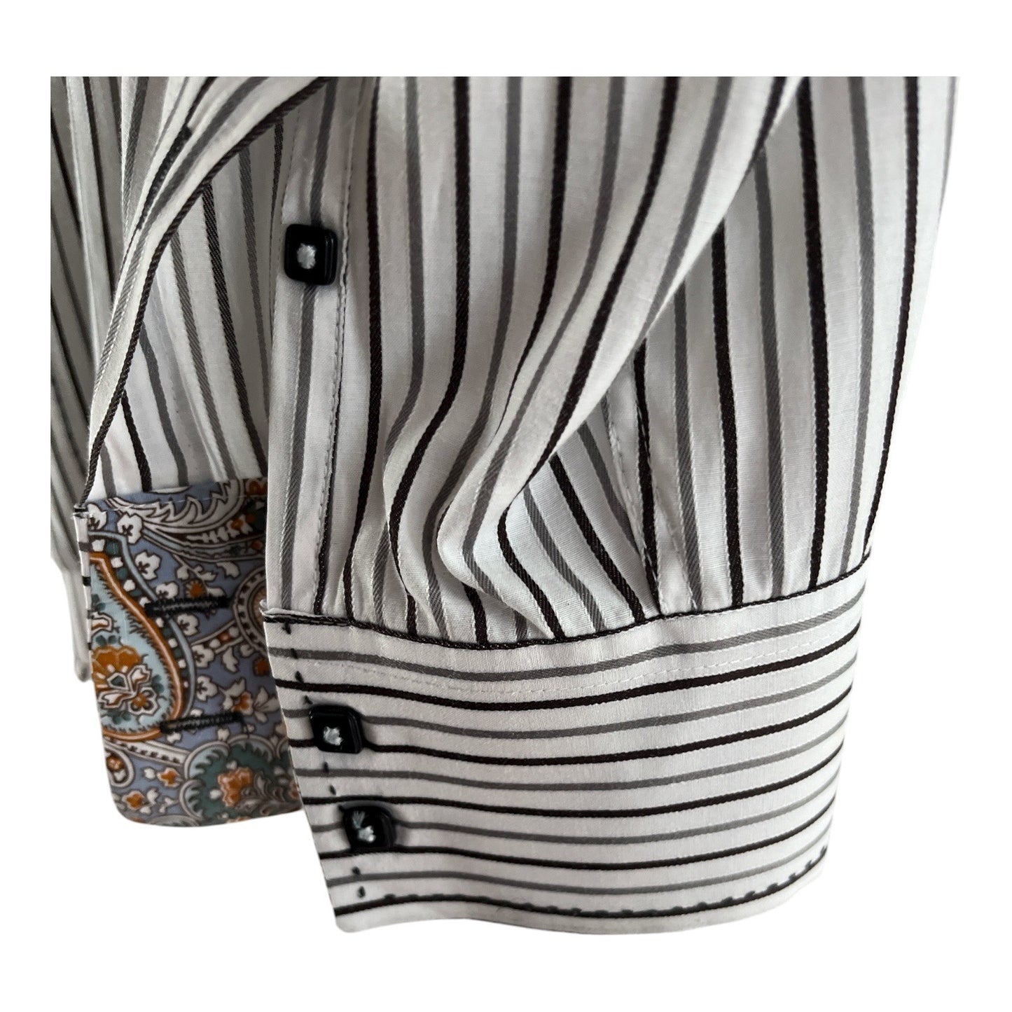 Vizoni Uomo Men’s XXXL Dress Shirt – Black & White Stripe with Paisley Trim – Modern Fit 48x32