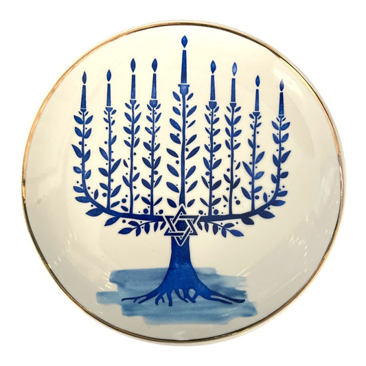 Ceramic Hanukkah Menorah Plate – 6.25"  Judaica Dish – Blue & White Festival of Lights