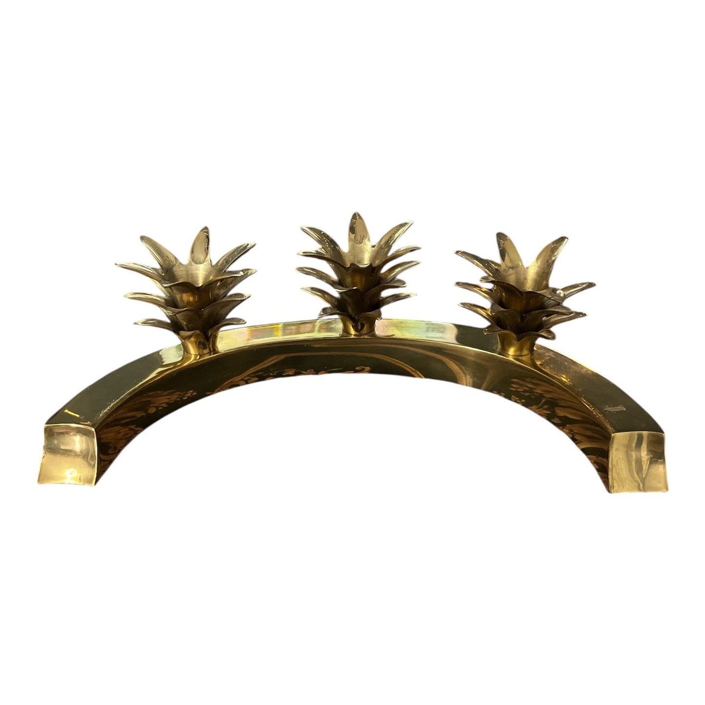Vintage Triple Pineapple Solid Brass Candle Holder Hollywood Regency 12” Wide