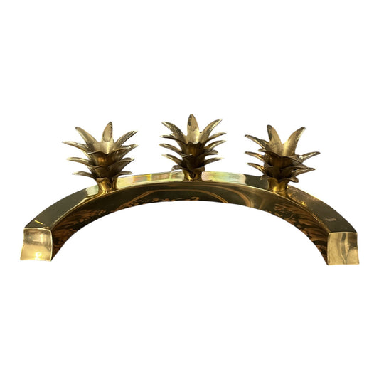 Vintage Triple Pineapple Solid Brass Candle Holder Hollywood Regency 12” Wide