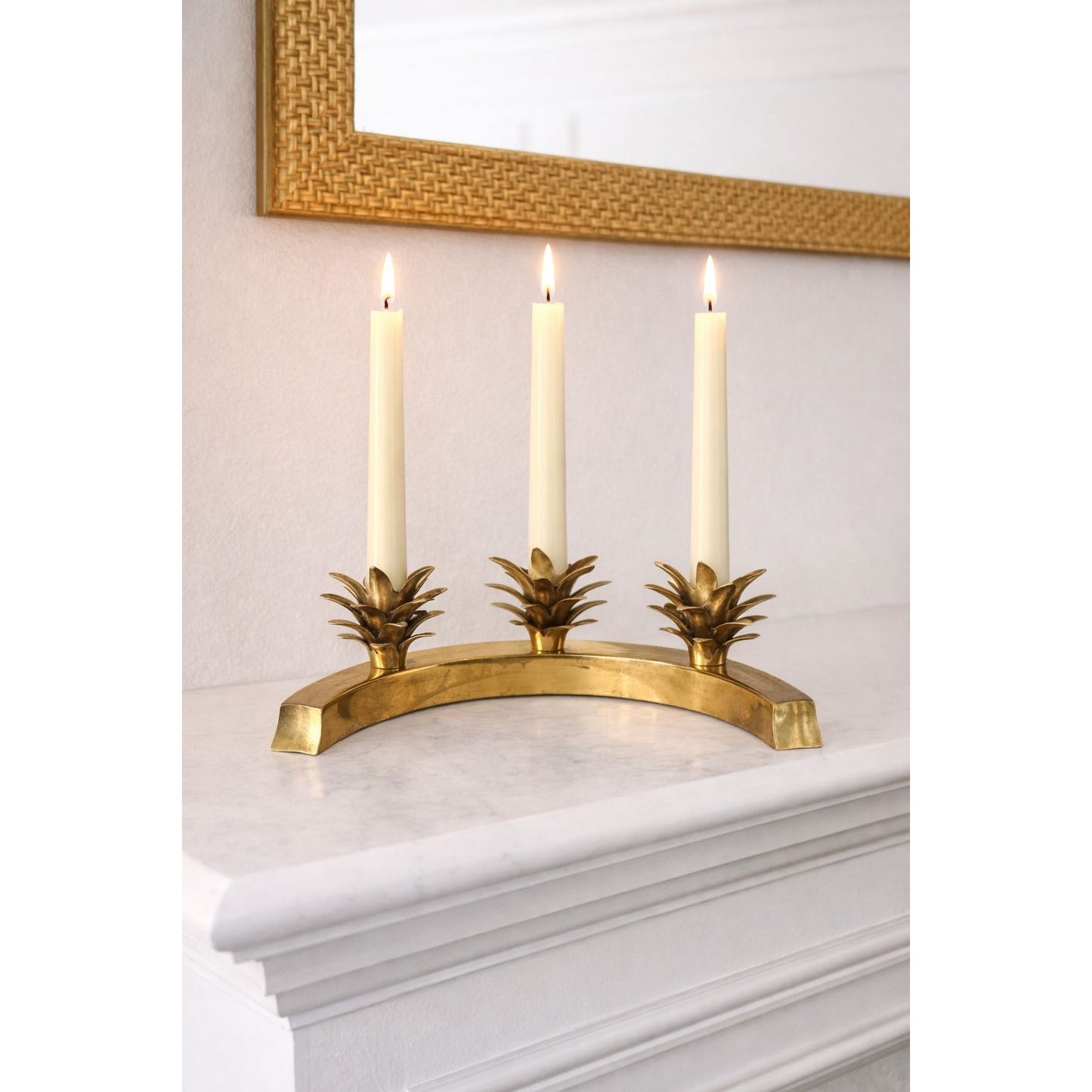 Vintage Triple Pineapple Solid Brass Candle Holder Hollywood Regency 12” Wide