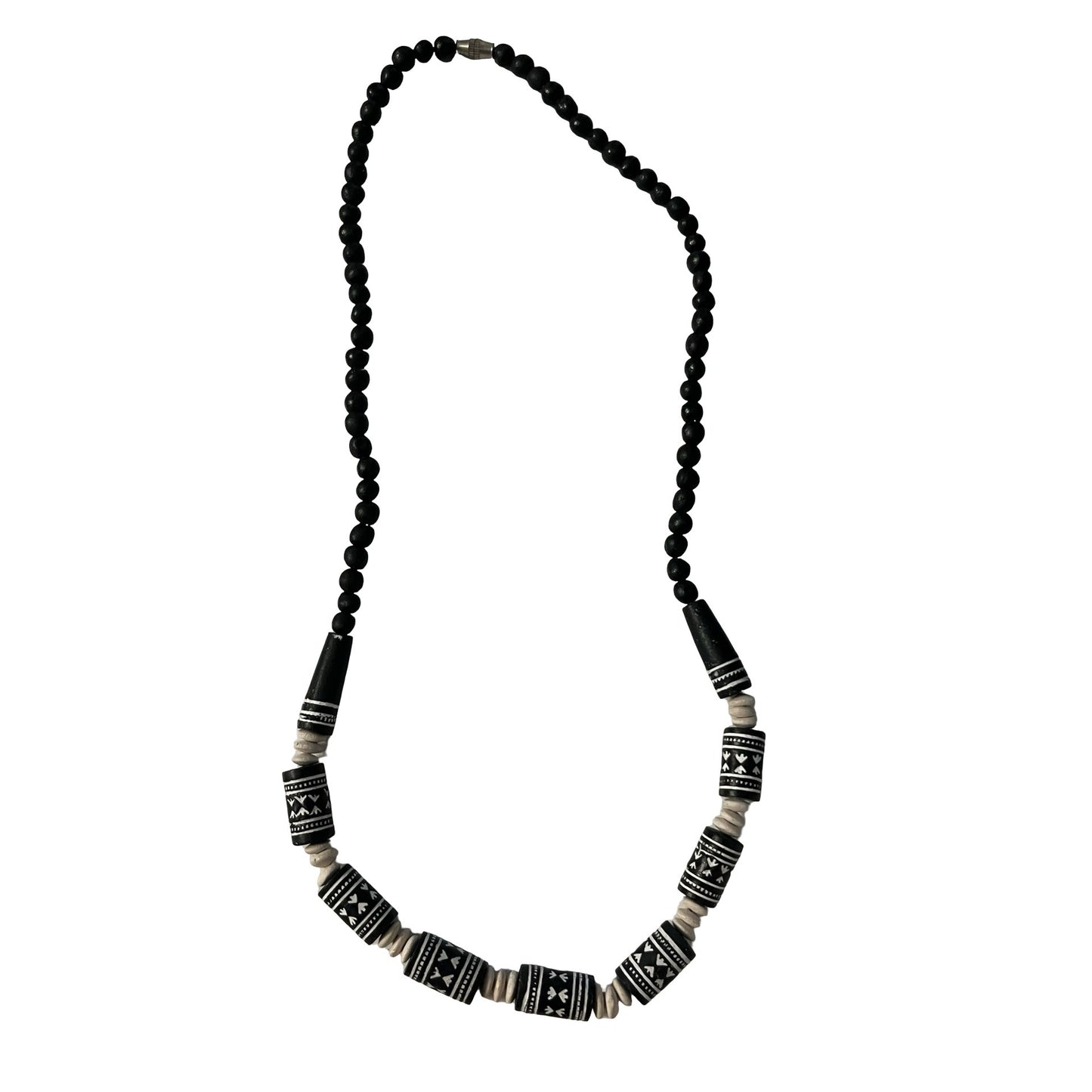 Vintage Black and White Beaded Necklace Tribal Pattern Barrel Beads 18 Inch