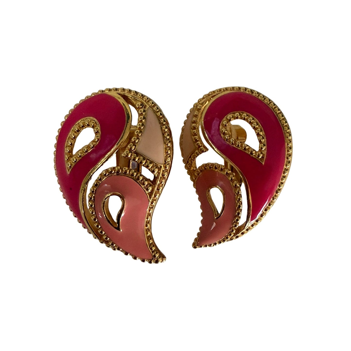Vintage Avon Pink Enamel Paisley Clip On Earrings Gold Tone Abstract Swirl Retro 1980s